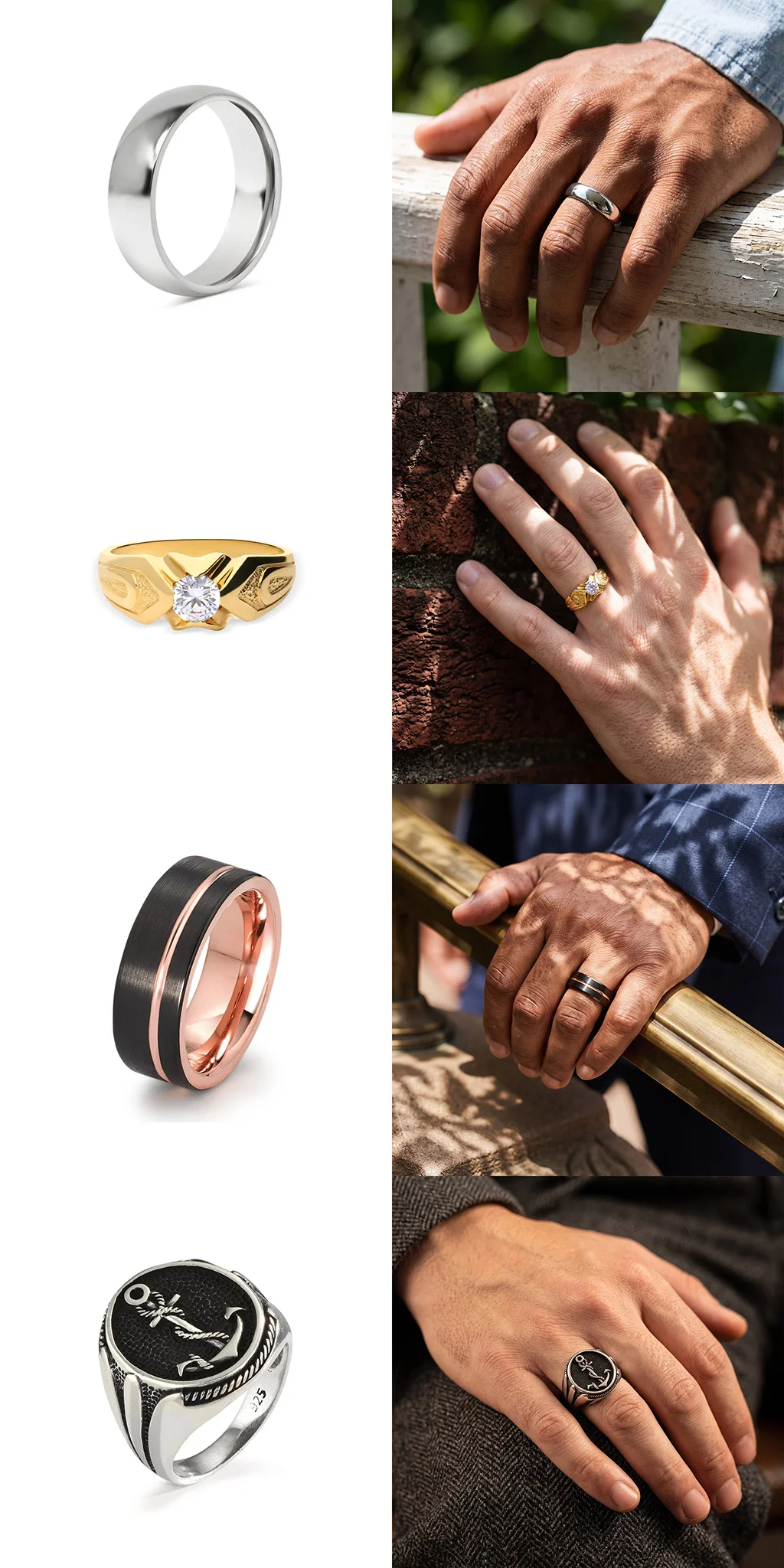 A men's ring on white versus the same ring worn